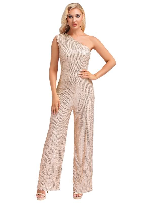 Women One Shoulder Sleeveless Sequins Jumpsuit for Cocktail Party thumb