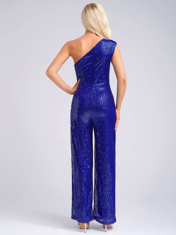 Women One Shoulder Sleeveless Sequins Jumpsuit for Cocktail Party thumb