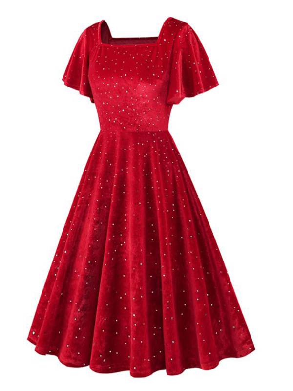 Women Retro Short Sleeve Square Collar Sparkle A-line Dress for Birthday Party thumb