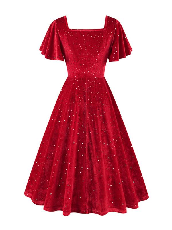 Women Retro Short Sleeve Square Collar Sparkle A-line Dress for Birthday Party thumb
