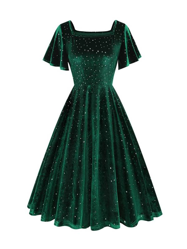 Women Retro Short Sleeve Square Collar Sparkle A-line Dress for Birthday Party thumb