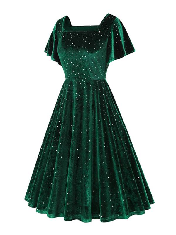 Women Retro Short Sleeve Square Collar Sparkle A-line Dress for Birthday Party thumb
