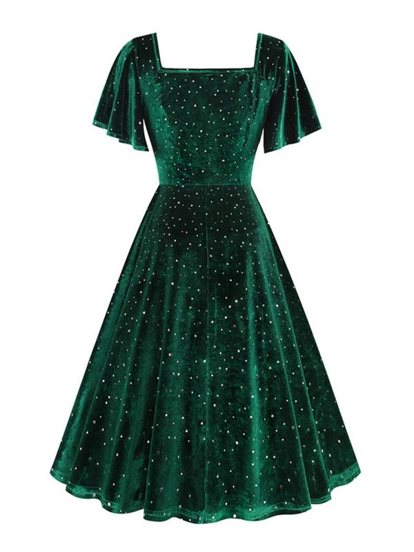 Women Retro Short Sleeve Square Collar Sparkle A-line Dress for Birthday Party thumb