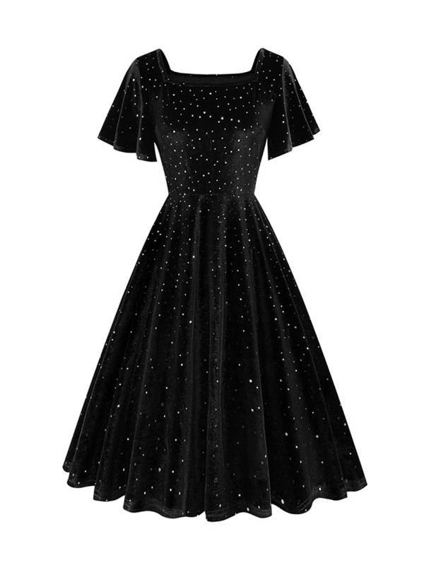 Women Retro Short Sleeve Square Collar Sparkle A-line Dress for Birthday Party thumb