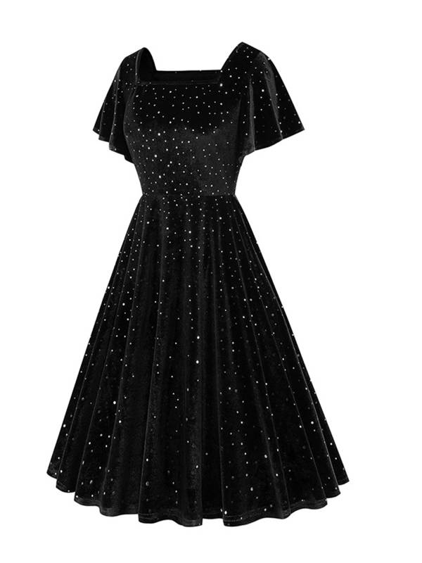 Women Retro Short Sleeve Square Collar Sparkle A-line Dress for Birthday Party thumb