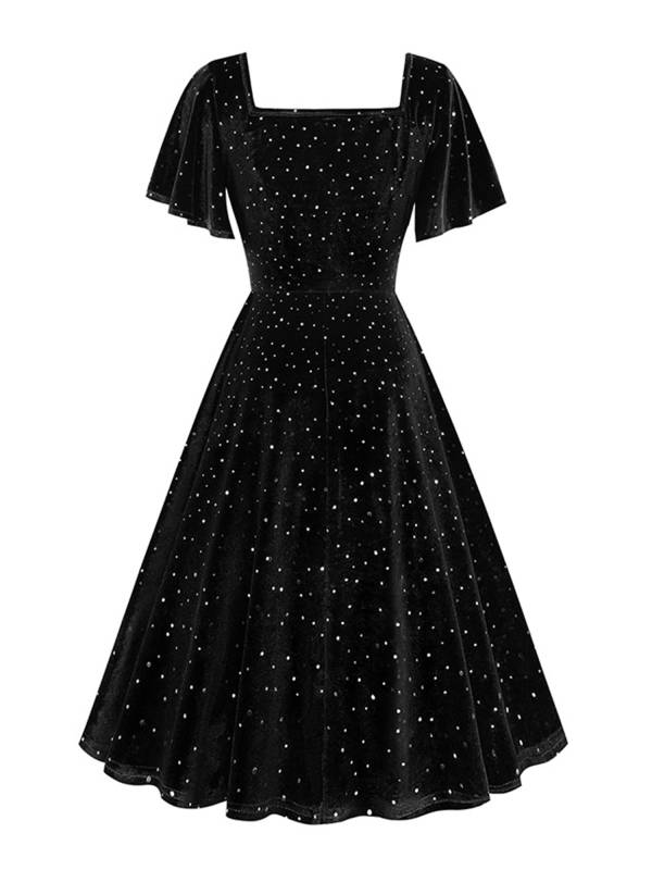 Women Retro Short Sleeve Square Collar Sparkle A-line Dress for Birthday Party thumb