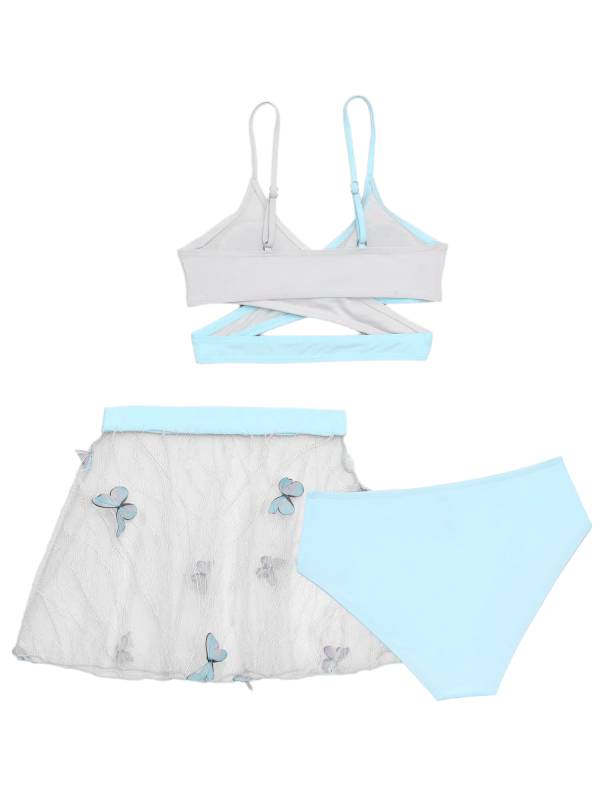 Girls 3pcs Criss Cross Wrap Bikini Set with See Through Butterfly Skirt Swimsuit thumb