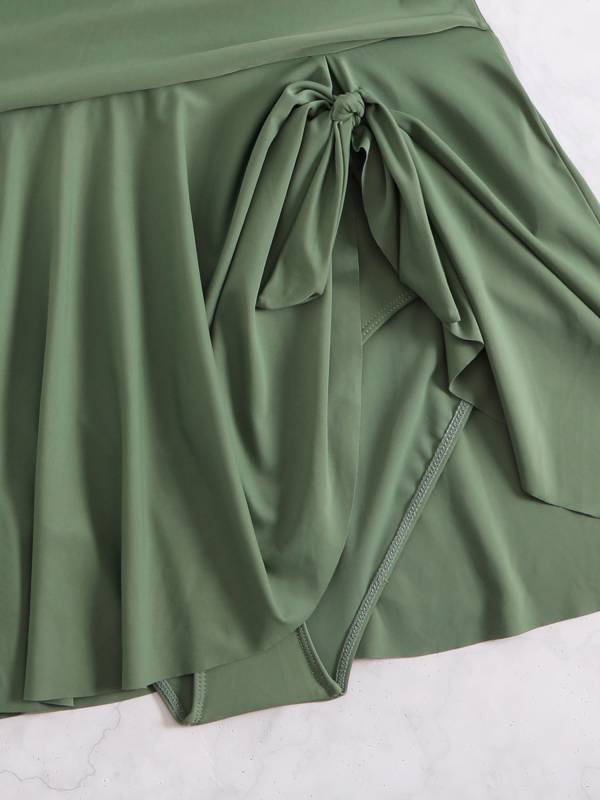 Women Plus Size Swimsuit Sleeveless Halter Neck Tie-knot Skirted Swim Dress thumb