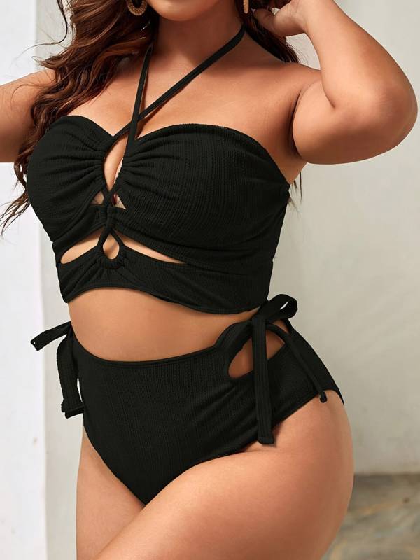 Women Two Pieces Plus Size Swimsuit Off Shoulder Tops with Side-tie Briefs thumb