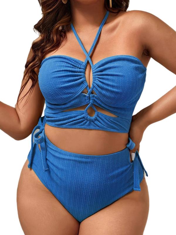 Women Two Pieces Plus Size Swimsuit Off Shoulder Tops with Side-tie Briefs thumb