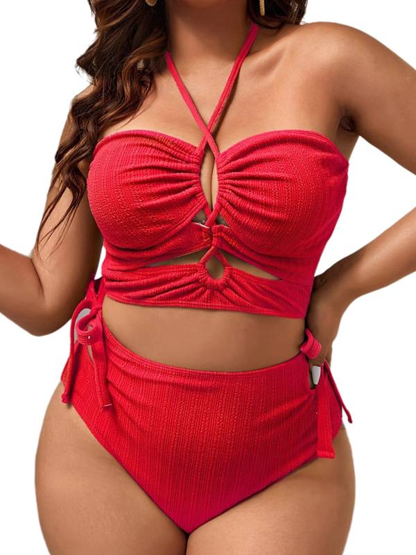 Women Two Pieces Plus Size Swimsuit Off Shoulder Tops with Side-tie Briefs thumb