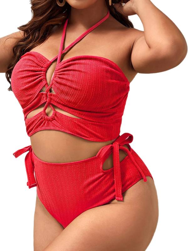Women Two Pieces Plus Size Swimsuit Off Shoulder Tops with Side-tie Briefs thumb