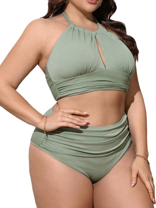 Women Plus Size Swimsuit Halter Neck Tops and Ruched Briefs Bikini Set thumb