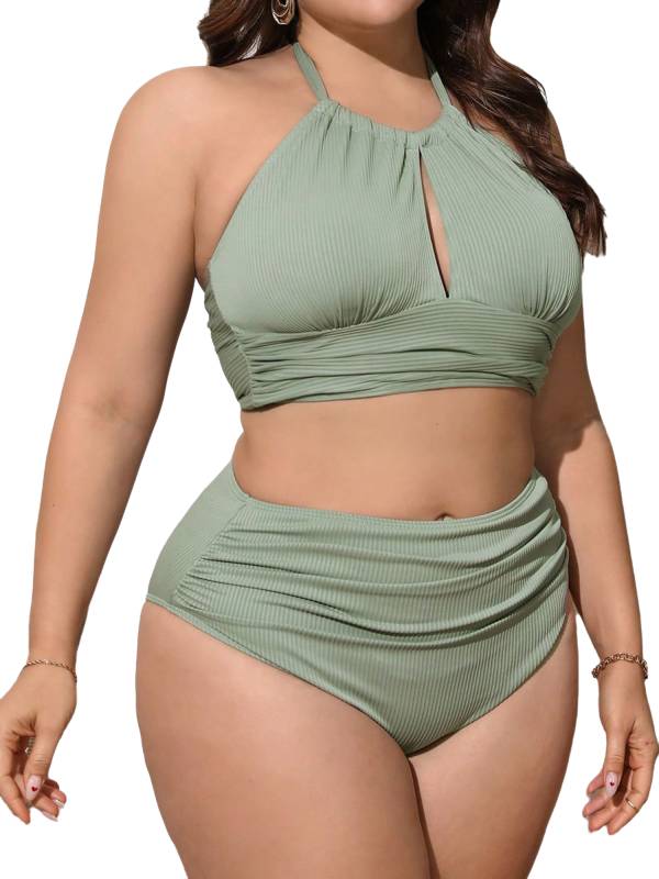 Women Plus Size Swimsuit Halter Neck Tops and Ruched Briefs Bikini Set thumb