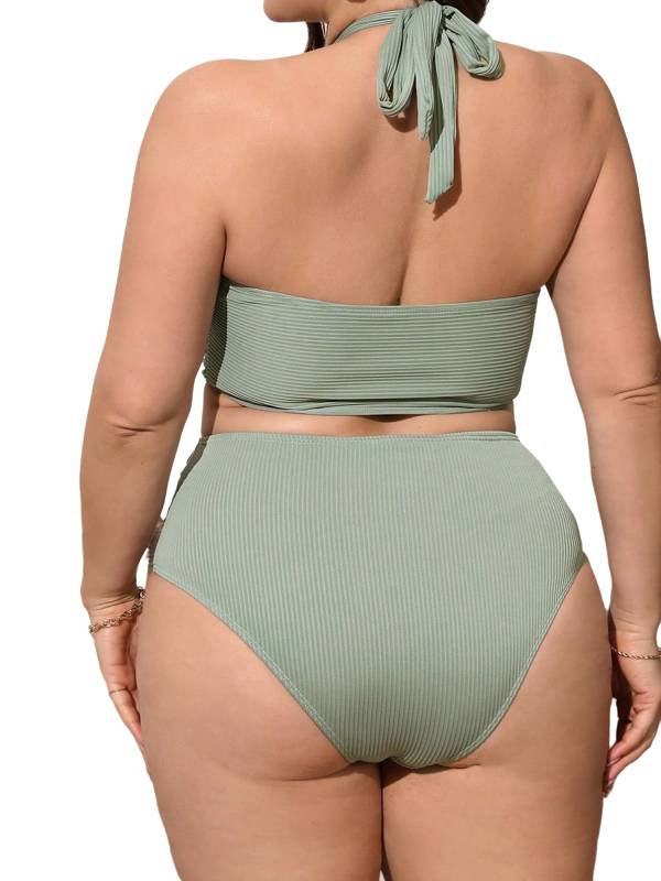Women Plus Size Swimsuit Halter Neck Tops and Ruched Briefs Bikini Set thumb