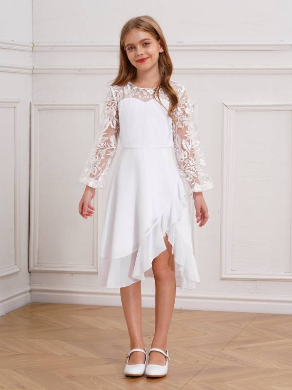 Girls Long Sleeve Lace Knee Length Chiffon Dress for Wedding Party thumb