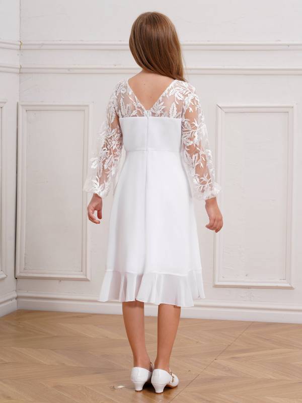 Girls Long Sleeve Lace Knee Length Chiffon Dress for Wedding Party thumb