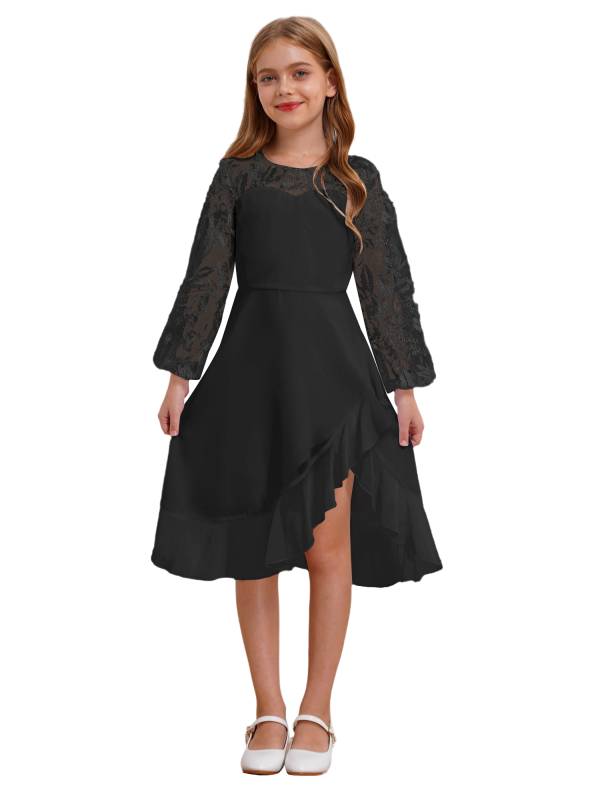 Girls Long Sleeve Lace Knee Length Chiffon Dress for Wedding Party thumb