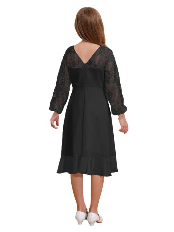 Girls Long Sleeve Lace Knee Length Chiffon Dress for Wedding Party thumb