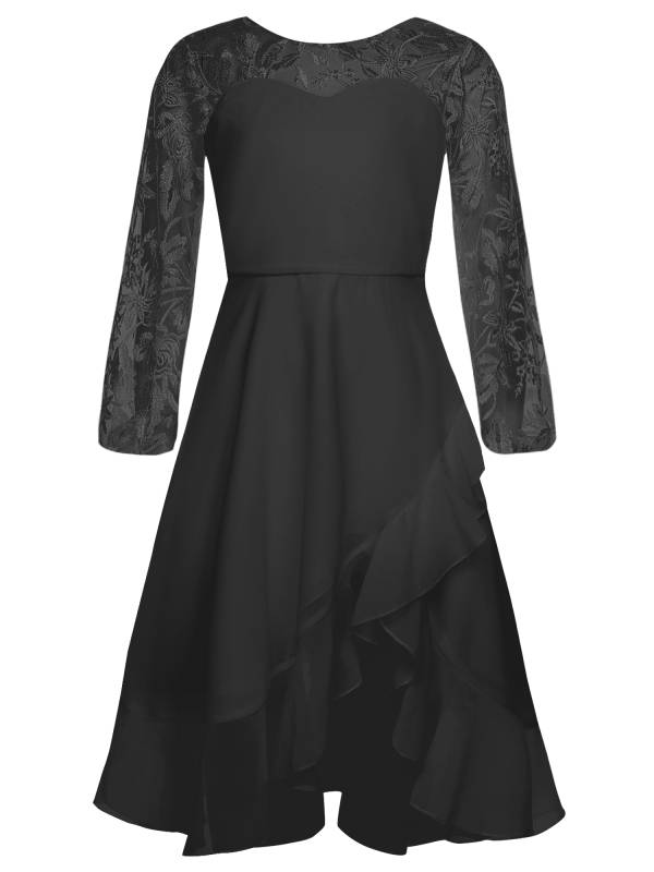 Girls Long Sleeve Lace Knee Length Chiffon Dress for Wedding Party thumb