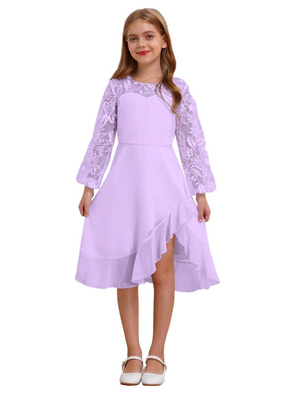 Girls Long Sleeve Lace Knee Length Chiffon Dress for Wedding Party thumb