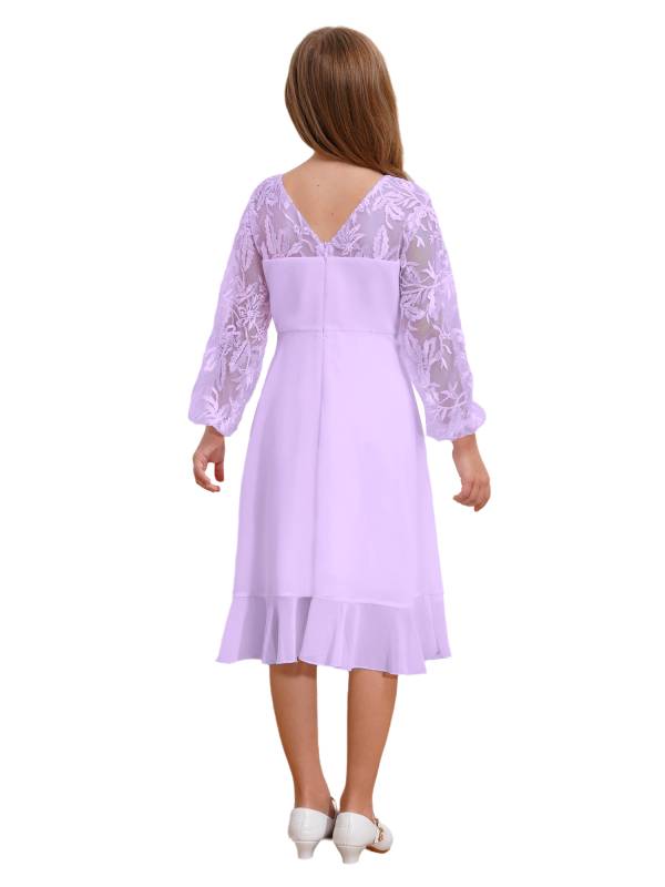 Girls Long Sleeve Lace Knee Length Chiffon Dress for Wedding Party thumb