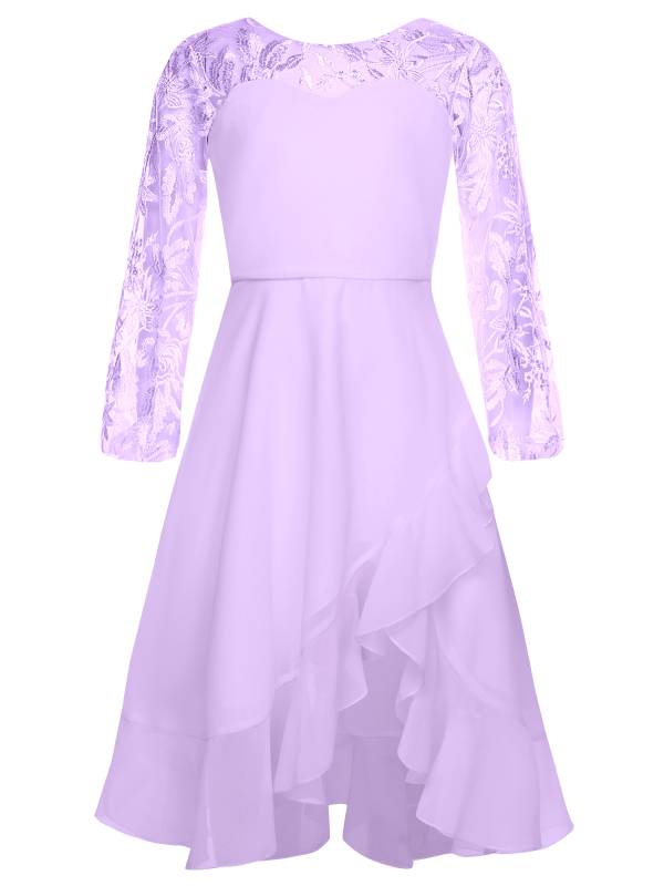 Girls Long Sleeve Lace Knee Length Chiffon Dress for Wedding Party thumb