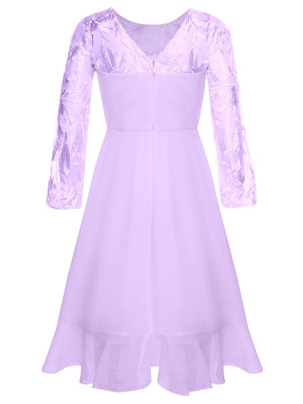 Girls Long Sleeve Lace Knee Length Chiffon Dress for Wedding Party thumb
