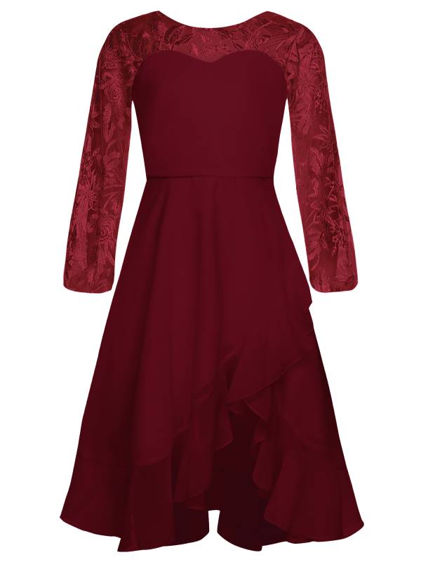 Girls Long Sleeve Lace Knee Length Chiffon Dress for Wedding Party thumb