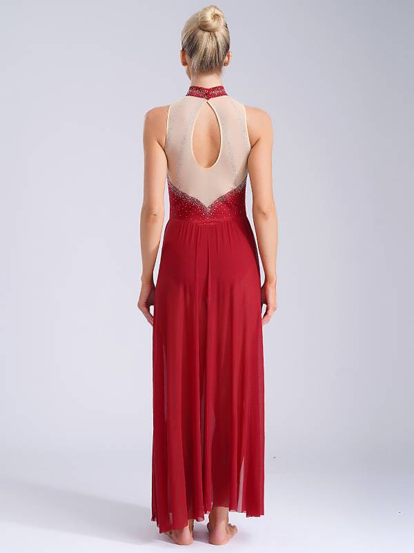 Women Sleeveless Rhinestones High Slit Maxi Dress for Lyrical Dance thumb
