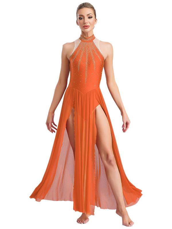 Women Sleeveless Rhinestones High Slit Maxi Dress for Lyrical Dance thumb