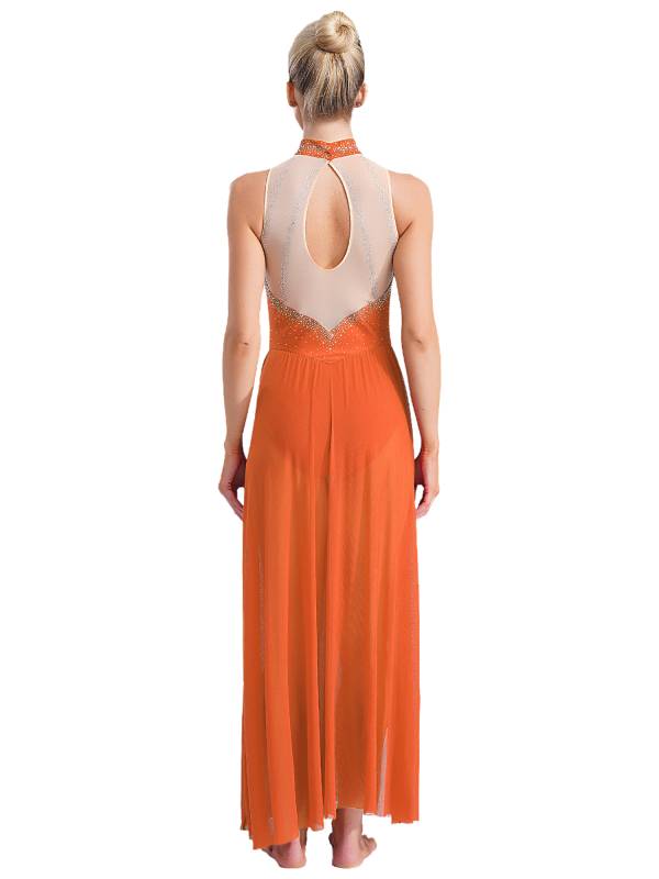 Women Sleeveless Rhinestones High Slit Maxi Dress for Lyrical Dance thumb