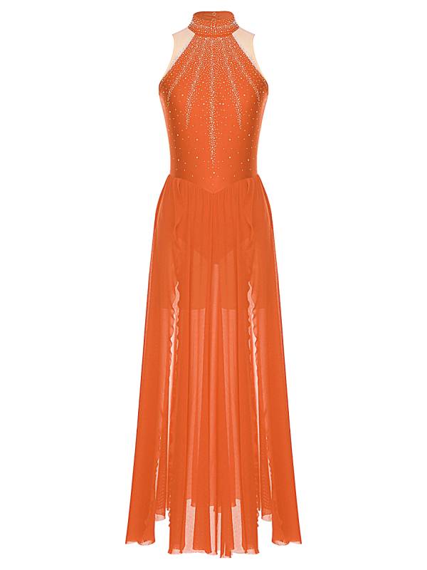 Women Sleeveless Rhinestones High Slit Maxi Dress for Lyrical Dance thumb