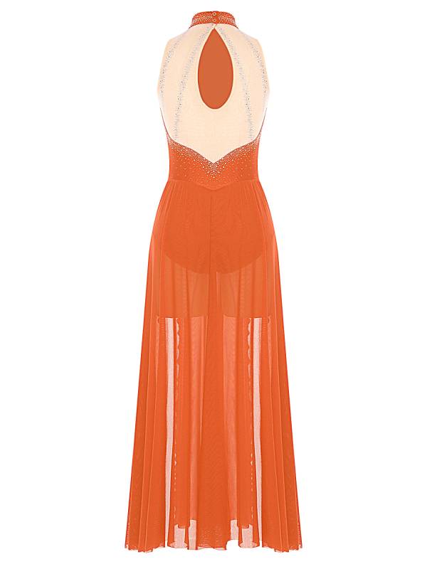 Women Sleeveless Rhinestones High Slit Maxi Dress for Lyrical Dance thumb