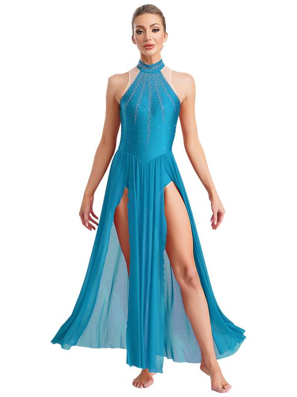 Women Sleeveless Rhinestones High Slit Maxi Dress for Lyrical Dance thumb