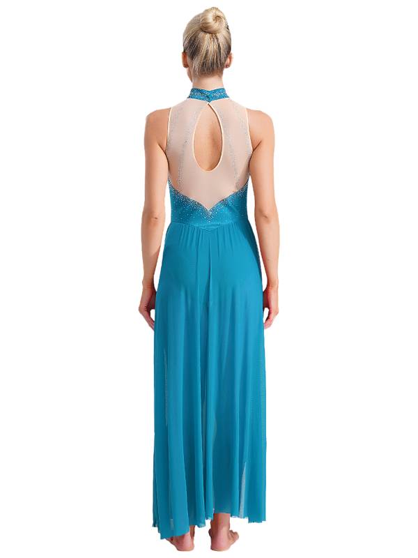 Women Sleeveless Rhinestones High Slit Maxi Dress for Lyrical Dance thumb