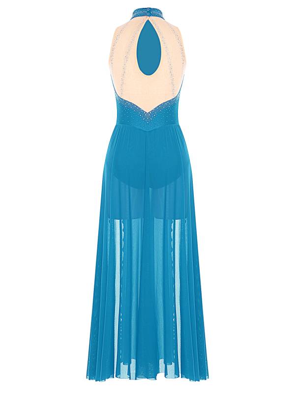 Women Sleeveless Rhinestones High Slit Maxi Dress for Lyrical Dance thumb