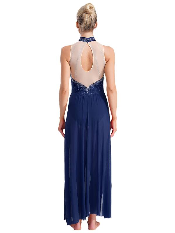Women Sleeveless Rhinestones High Slit Maxi Dress for Lyrical Dance thumb
