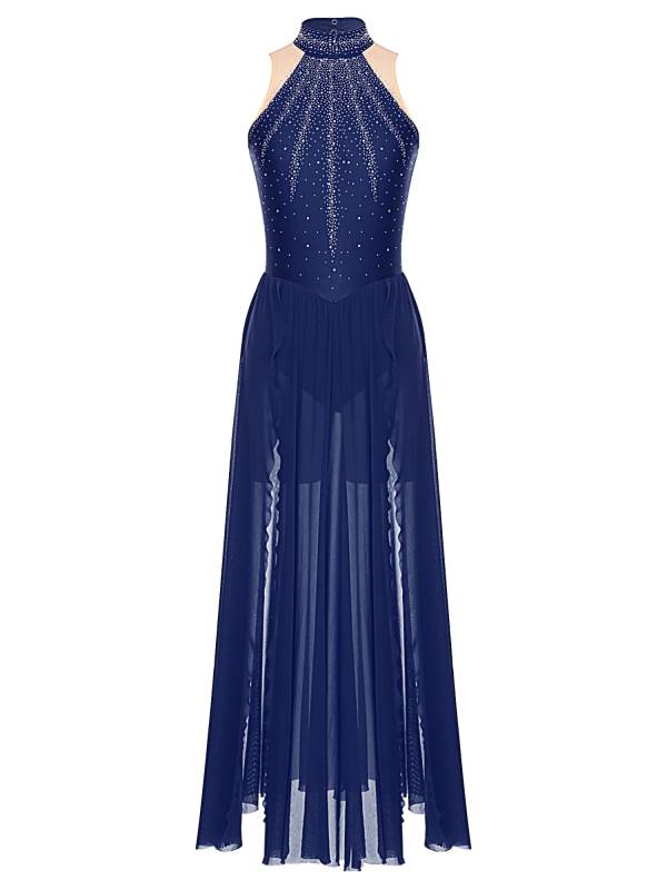 Women Sleeveless Rhinestones High Slit Maxi Dress for Lyrical Dance thumb