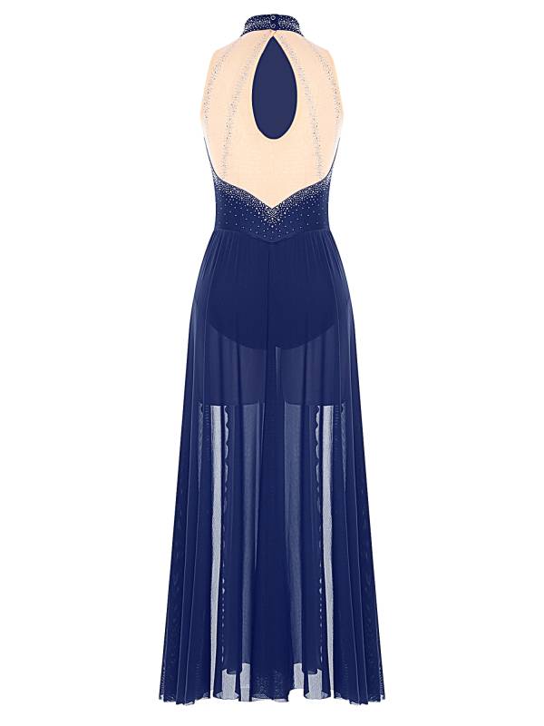 Women Sleeveless Rhinestones High Slit Maxi Dress for Lyrical Dance thumb