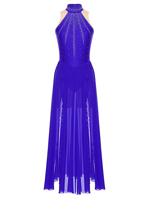 Women Sleeveless Rhinestones High Slit Maxi Dress for Lyrical Dance thumb