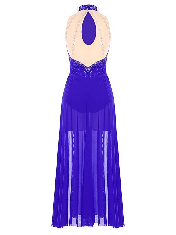 Women Sleeveless Rhinestones High Slit Maxi Dress for Lyrical Dance thumb