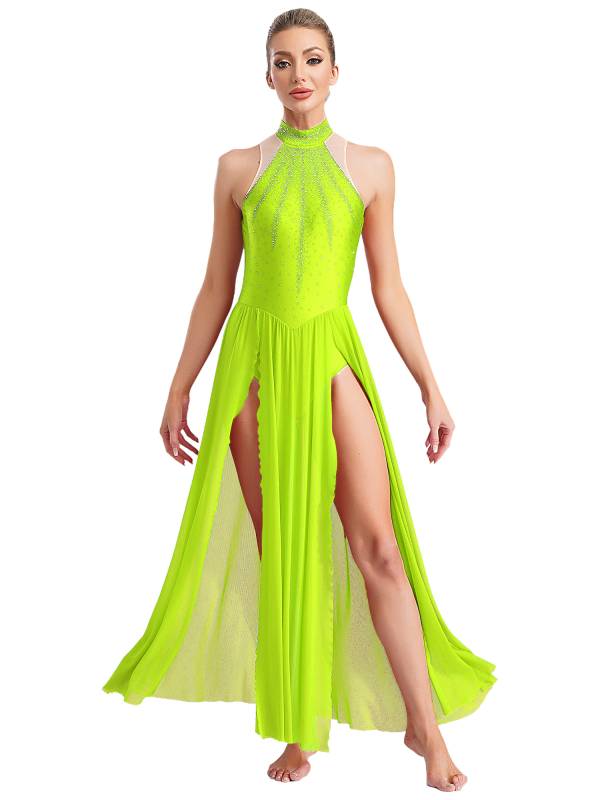 Women Sleeveless Rhinestones High Slit Maxi Dress for Lyrical Dance thumb