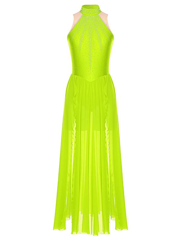 Women Sleeveless Rhinestones High Slit Maxi Dress for Lyrical Dance thumb