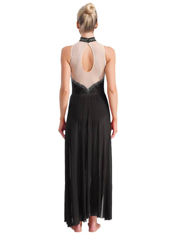 Women Sleeveless Rhinestones High Slit Maxi Dress for Lyrical Dance thumb