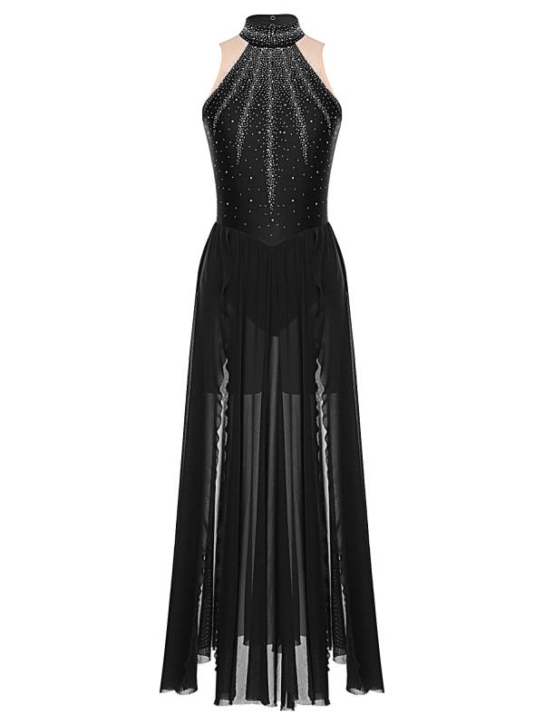 Women Sleeveless Rhinestones High Slit Maxi Dress for Lyrical Dance thumb