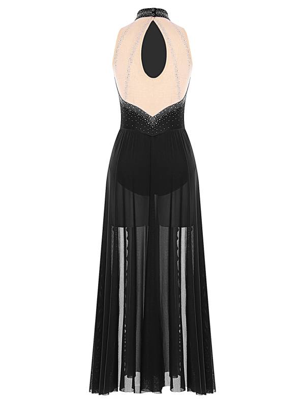 Women Sleeveless Rhinestones High Slit Maxi Dress for Lyrical Dance thumb