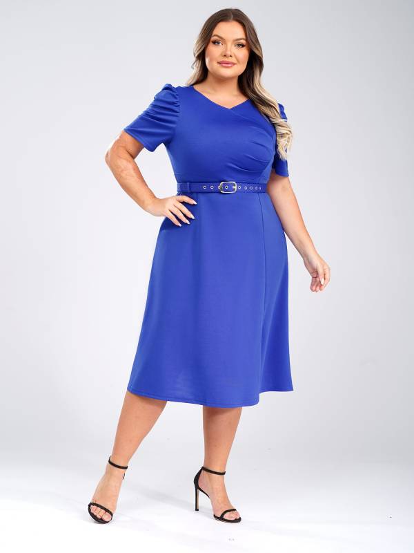 Women V-neck Short Sleeve A-Line Dress with Belt for Banquet Wedding thumb