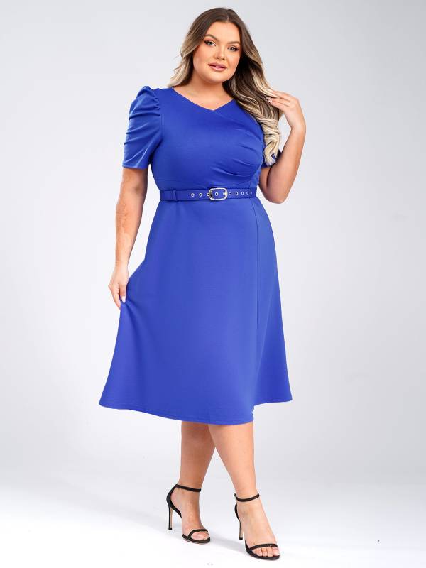 Women V-neck Short Sleeve A-Line Dress with Belt for Banquet Wedding thumb