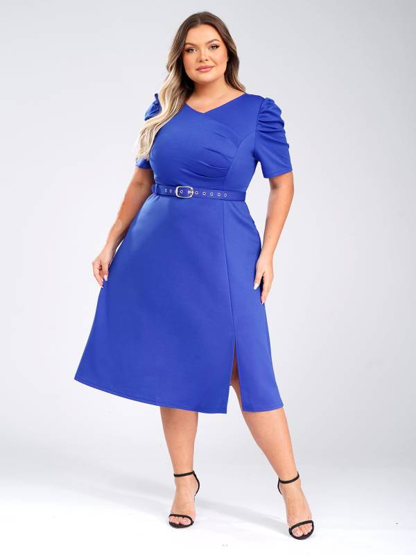 Women V-neck Short Sleeve A-Line Dress with Belt for Banquet Wedding thumb